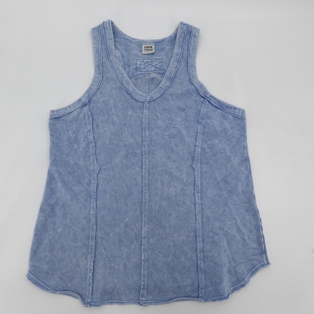 Love Vintage Tank Top Womens Large Blue Cotton V Neck Racerback Washed